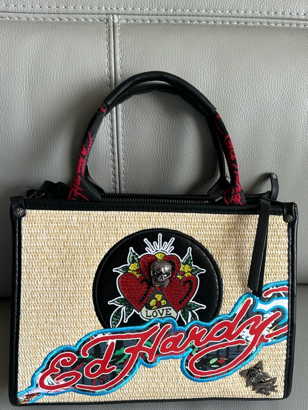 Ed Hardy Straw Tote Bag Hearts Skull Tattoo Y2K Summer Beach Shoulder Purse - Picture 8 of 10